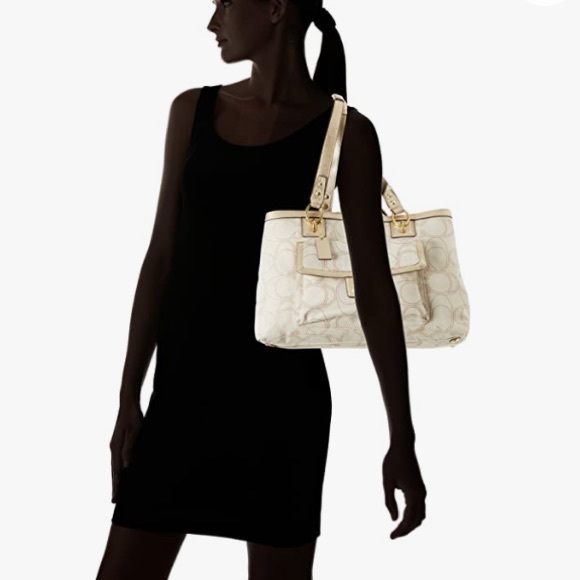 Coach Monogram Penelope Handbag Satchel Gold Leather Ivory Linen Signature C - Picture 6 of 16